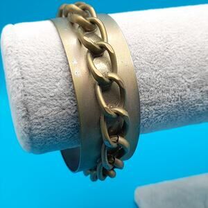 Vintage Distressed Gold Tone Bangle, Chain Attached, 7 7/8"